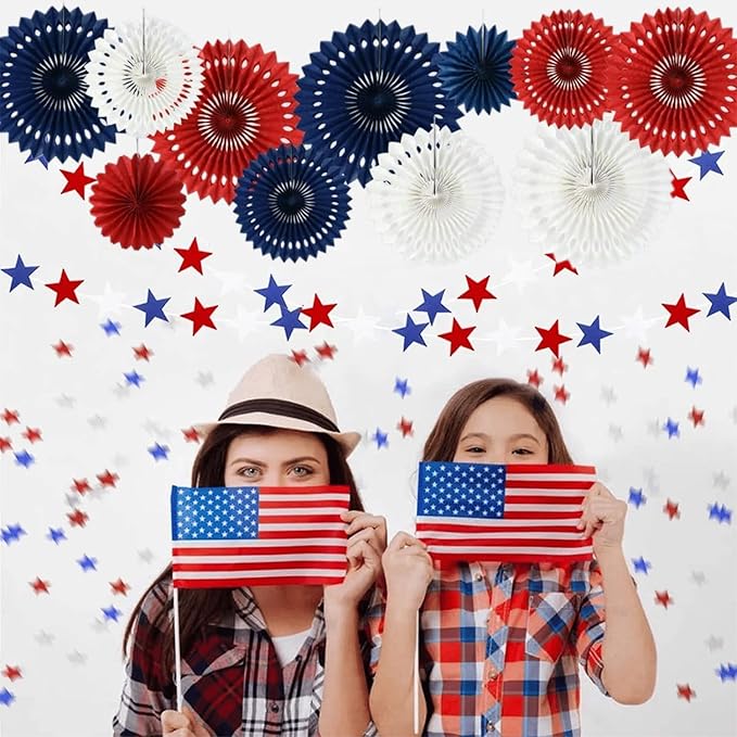 Red White Blue Hanging Honeycomb Round Paper Fans Decoration Patriotic Theme Tissue Paper Fan Garland for Shower Birthday Graduation Wedding Party Supplies 11 Count