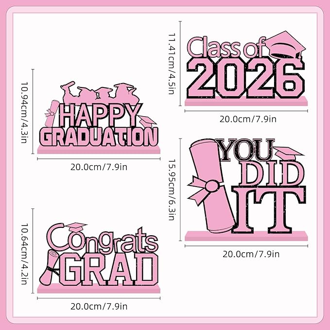 4Pcs Pink Graduation Decorations 2026, Wooden Table Centerpieces Class of 2026 Table Toppers Congrats Grad Tiered Tray Decor for Graduation Centerpieces for Table