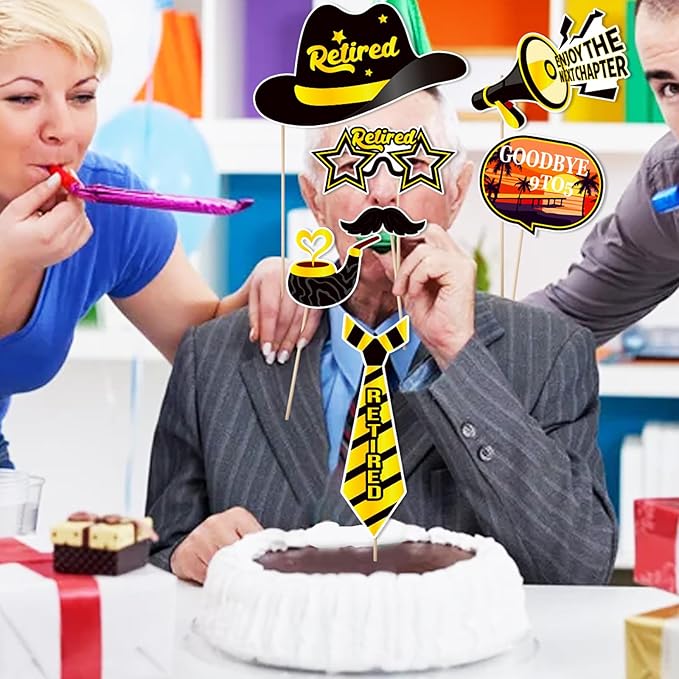 30 Pieces Retirement Photo Booth Props Happy Retirement Party Decorations Retirement Party Favors for Men Women Photobooth Kits with Sign for Party Decor Supplies (Dark Black&Yellow)