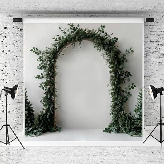 Kate Christmas White Arch Wall Backdrop Dark Green Christmas Trees Background Greenery Archway Winter Photo Background Studio Props,6.5x6.5ft