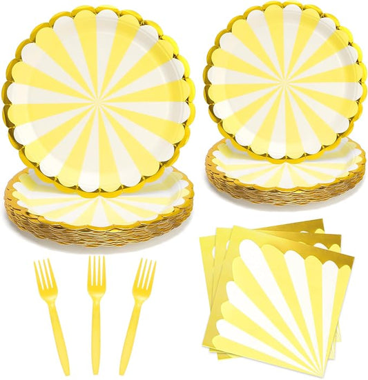 96PCS Yellow Party Paper Plates with Gold Scalloped Edge, Yellow Scalloped 9inch 7inch Dessert Paper Plates Party Supplies for Birthday Bridal Shower Picnic, Serve for 24 Guests, Striped