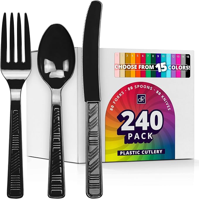 DecorRack Plastic Cutlery Set, Black Colored Plastic Silverware Sets for Parties, 240 Piece Bulk Heavy Duty Utensils (Black, 240 Pieces)