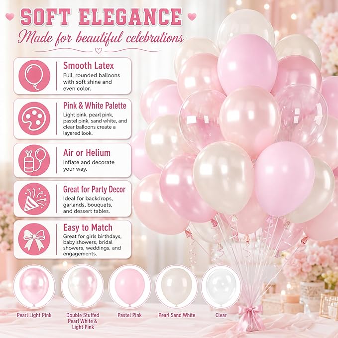 Pink Balloons, 60Pcs Pink and White Balloon, 12 Inch Latex Pastel Pink Balloons Helium for Women Girls Birthday Baby Shower Bridal Shower Gender Reveal Romantic Wedding Engagement Party Decorations