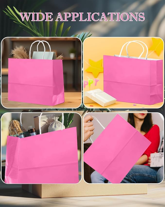 qiqee 24PCS Large Gift Bag with Handles Bulk 13"x4.5"x10" Gift Bags Pink Bags Multiple Uses (32x11x25cm,Wide Large)