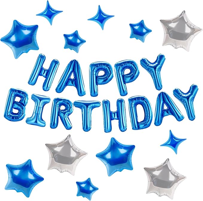 CANREVEL Happy Birthday Banner 13pcs 16 Inch Mylar Foil Letters with 12pcs Star Balloons Birthday Party Decorations for Kids and Adults - 3D Blue