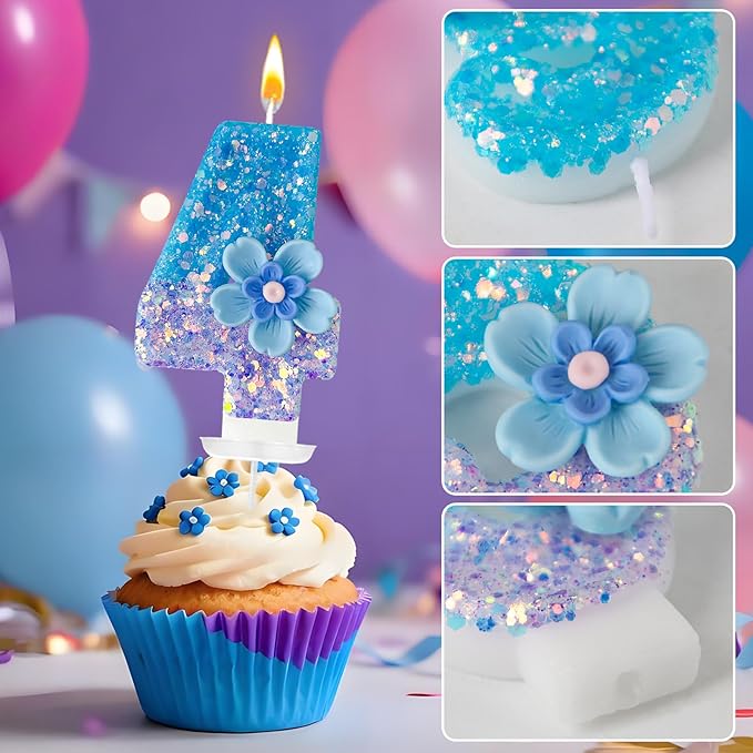 Blue Purple Flower Birthday Number Candles, Flower Theme Party Decorations, Cupcake Decorations, Suitable for Party Celebrations, Boys and Girls Birthday Decorations（4）
