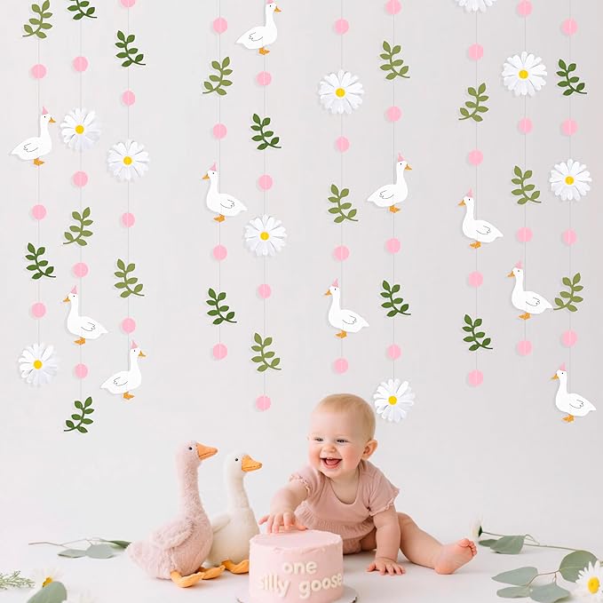 Pink Silly Goose 3D Daisy Flower Leaf Polka Dot Hanging Streamer Garland Banner for One Silly Goose Theme Birthday Baby Shower Wedding Bridal Shower Spring Summer Party Decorations Supplies