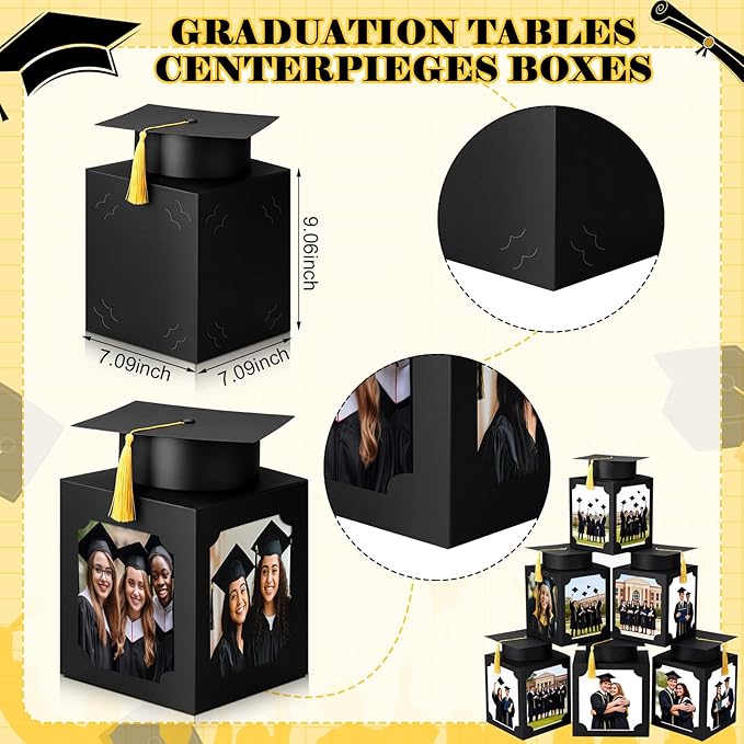 Spiareal 6 Pcs Black Graduation Table Centerpieces Box with Hat, 6/7 Inch Picture Box Centerpieces for Table Photo Props Frame Congrats Grad Decorations for Graduation Wedding