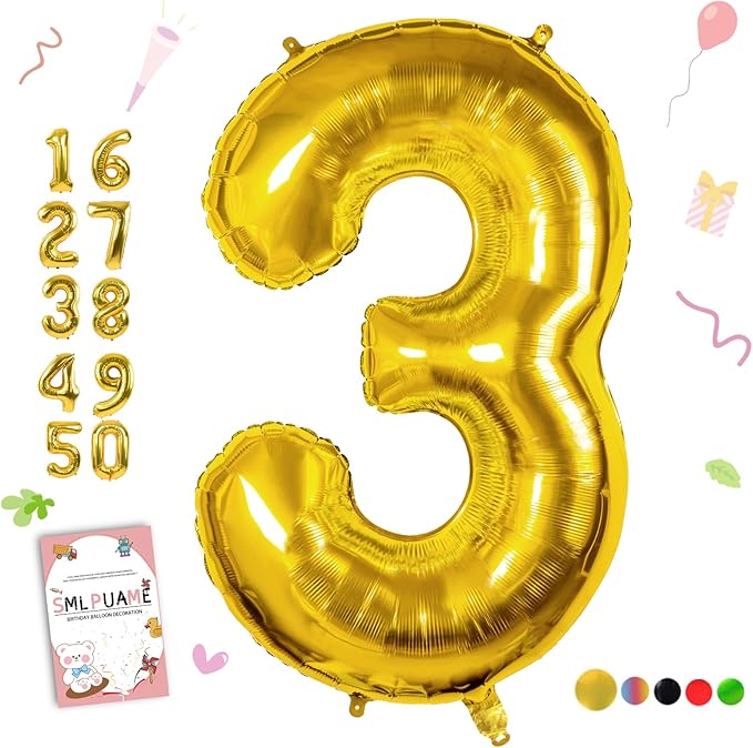 40 inch Number Balloon 0-9 Gold Large Number 3 Balloons,Digital Balloons for Birthday Party Celebration Decorations Supplies, Helium Foil Number Balloons for Wedding Anniversary