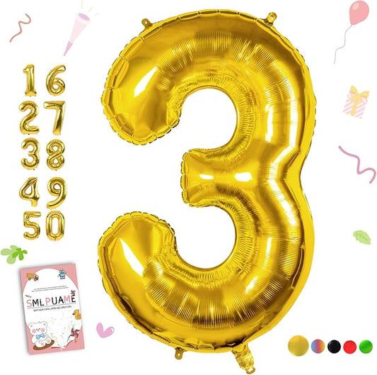 40 inch Number Balloon 0-9 Gold Large Number 3 Balloons,Digital Balloons for Birthday Party Celebration Decorations Supplies, Helium Foil Number Balloons for Wedding Anniversary