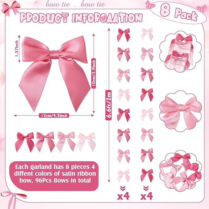 Taobary 8 Pcs 6.6 ft Bow Garland, Satin Ribbon Bow Banner Coquette Hanging Ornament for Photo Backdrop Birthday Party Wedding Bridal Baby Shower Wall Decorations(Classic Pink,1.5 Inch)