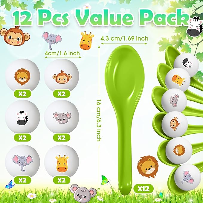 JellyArch 12 Pack Jungle Animals Games Safari Spoon Relay Race Easter Egg and Spoon Race Game Jungle Animal Decorations for Birthday Party Favors Supplies Indoor Outdoor Activities