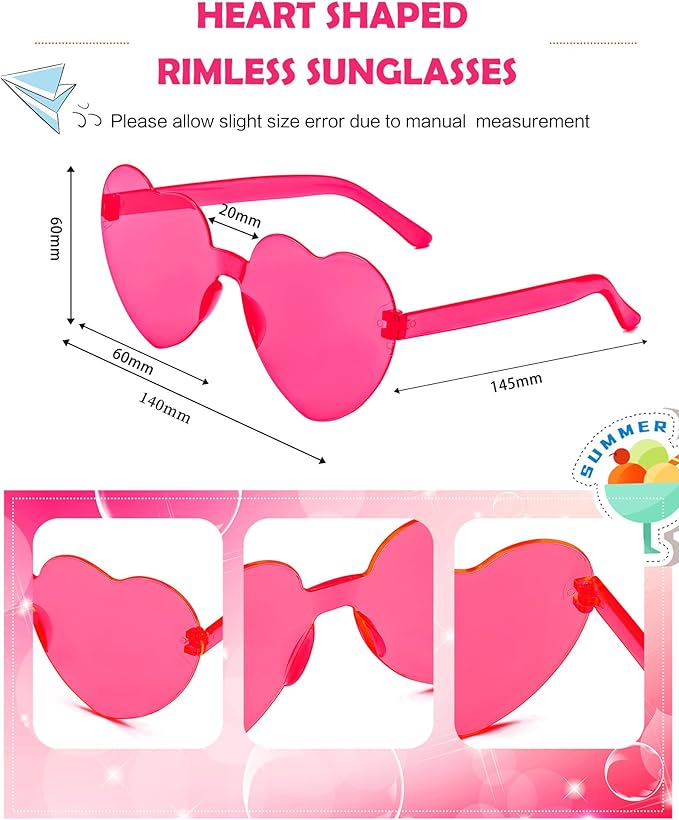 20 Pairs Heart Shaped Sunglasses Bulk, Colorful Rimless Fun Heart Sunglasses for Women Party Favors