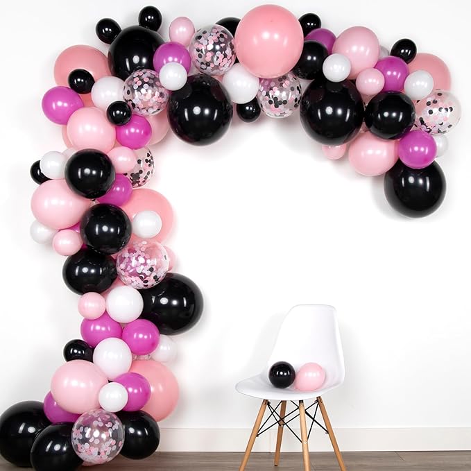 Pink Black Balloon Set, 60PCS Rose Red Black Birthday Balloons, 12 Inch Hot Pink White Latex Balloon Black Dots Pink Confetti Helium Balloons for Girls Theme Birthday Bridal Party Supplies