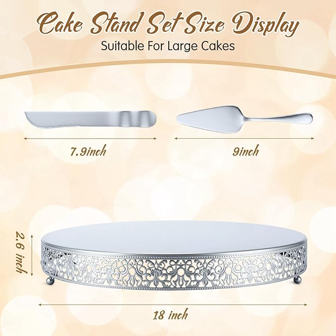 Wenqik 18 Inch Silver Cake Stand Set Metal Round Cupcake Dessert Stand with Cake Cutting, Spatula Wedding Cupcake Pastry Display Candy Holder Display for Wedding Party Birthday Baby Shower(Classic)