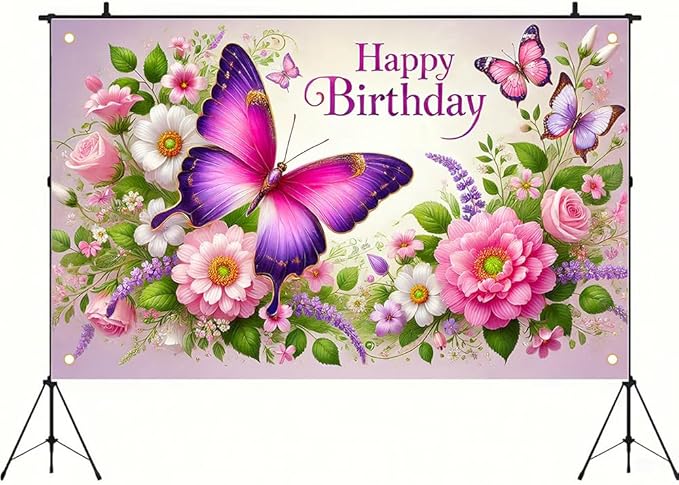 Happy Birthday Banner Elegant Butterfly and Floral Garden Design Soft Pastel Color Wall Hanging for Birthday Party Celebration Home Decoration 70.87 x 43.31 Inch
