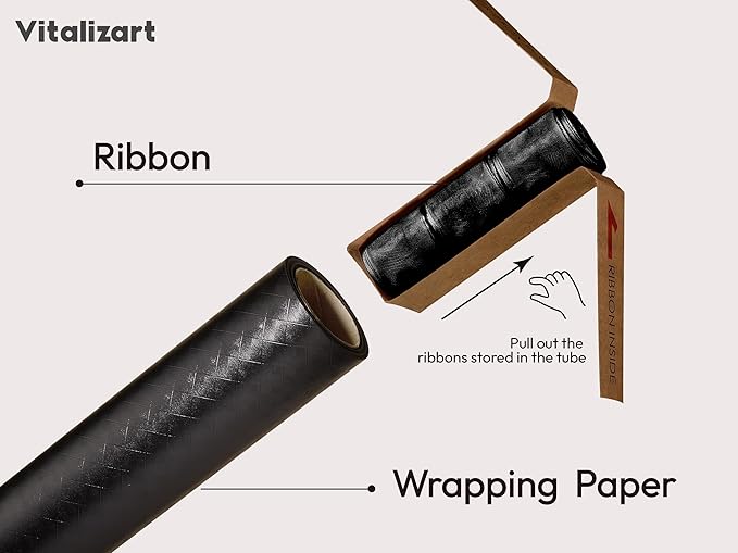Vitalizart Black Metallic Grid Wrapping Paper Set 17" With Organza Ribbon & Gift Tags Christmas Gift Wrapping Birthday Baby Shower Wedding Bouquets Handmade Crafts 197"(16.4 Ft) Black Ribbon