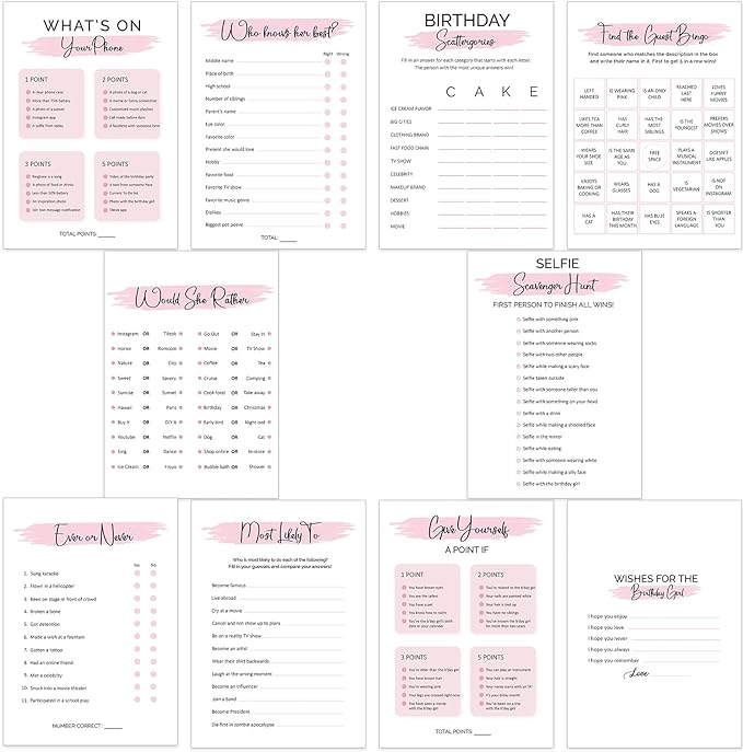 10 Teen Birthday Party Games for Her, Birthday Games Bundle for 20 Guests, Sweet 16 Party Games, Teenager Bday Party Supplies