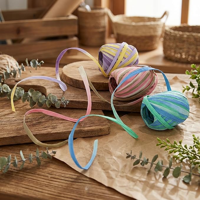 Raffia Paper Ribbon Multicolored Section Dyeing Strings 15 Rolls Set for Gift Box Wrapping and DIY Decoration (3-Color Gradient Dyeing)