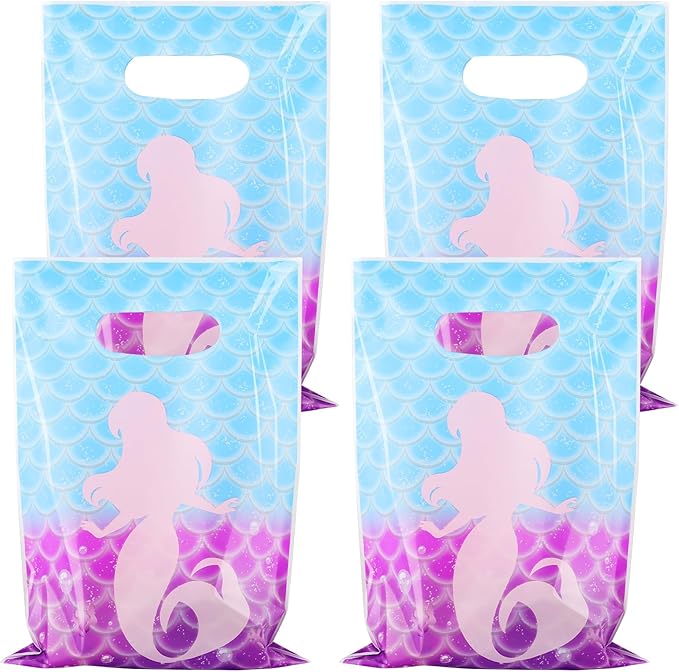 Hxezoc 50 Pieces Mermaid Goodie Bags Cute Candy Bag Plastic Treat Bags Mermaid Gift Wrap with Handles Party Favor Bags For Girls Birthday Party Decoration Supplies