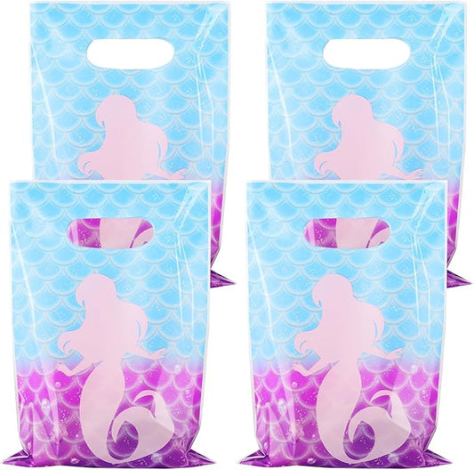 Hxezoc 50 Pieces Mermaid Goodie Bags Cute Candy Bag Plastic Treat Bags Mermaid Gift Wrap with Handles Party Favor Bags For Girls Birthday Party Decoration Supplies