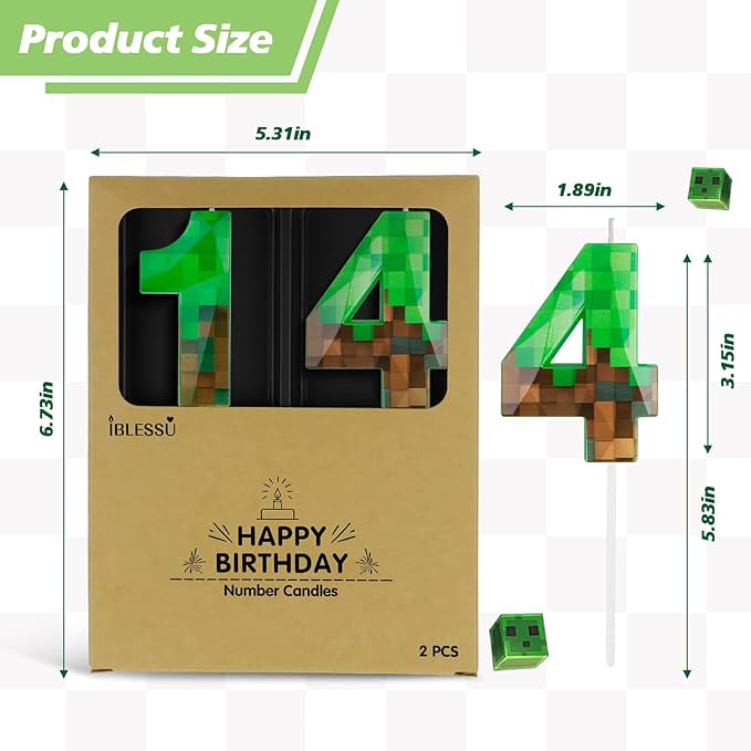 Pixel Birthday Candle, 2.68 Inch Miner Number Candles, Game Themed Candle Birthday Decoration for Pixel Theme Birthday Anniversary Dynamite Video Game Party (Green, 14)
