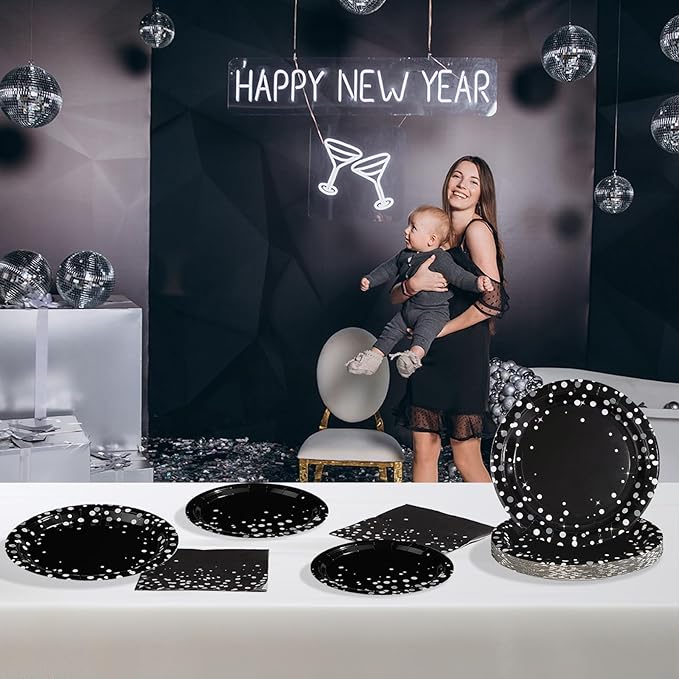 Grencian 96Pcs Black and Silver Party Decorations White Silver Dot on Black Paper Plates Graduation Birthday Paper Tableware Set for Birthday Retirement Wedding Prom Graduation Party Supplies Serve 24