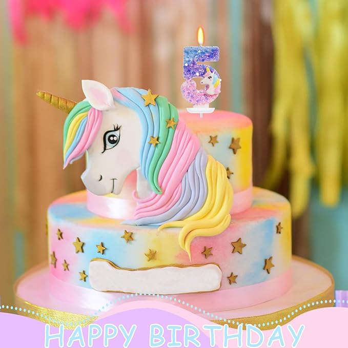 Unicorn Candle - Number 5 Candle, 5th Birthday Decorations for Girls, Colorful Sequins Birthday Candles for Cake, Cartoon Unicorn Theme Party Decorations