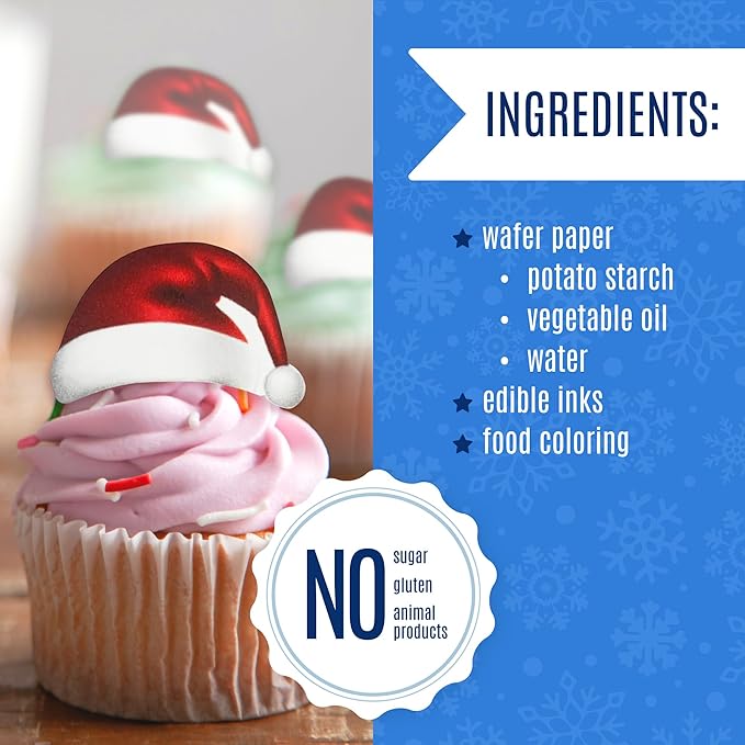 Sugar Robot Santa Hat Cupcake Toppers - Christmas Cake Decorations Edible - Christmas Cupcake Toppers - Cake Topper - Decoration Made in the USA - Premium Crafted - 24 Pcs Pack