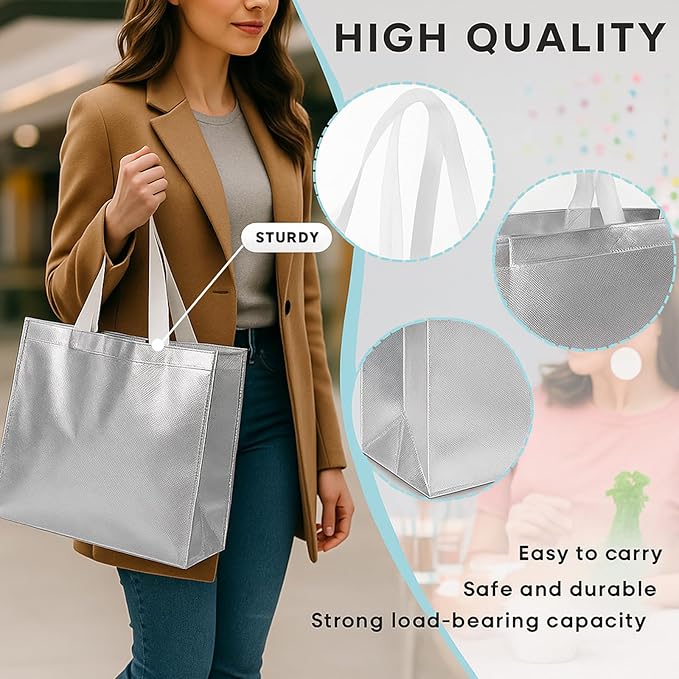 VGOODALL 15 Pack Large Gift Bags with Handles, 12.6" x 5" x 11" Silver Reusable Gift Bags Bulk for Birthday Wedding Party Favor