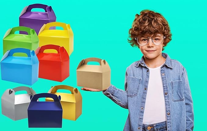The Dreidel Company Gable Treat Boxes, Party Favor Boxes for Kids Birthday, Candy Boxes Party Favors, Weddings Events, Baby Shower, 6.25" x 3.5" x 3.5" Inch Box (Multi-Color Treat Box) (384-Pack)