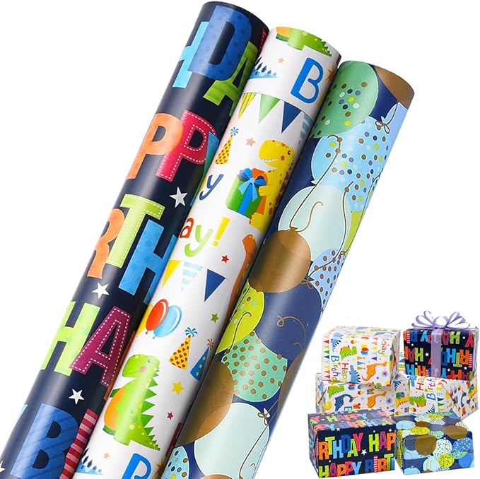 Viadom Birthday Wrapping Paper Roll - Mini Roll - 17 inch X 120 inch Per roll - Colorful Text Happy Birthday, Balloon, Dinosaur Patterns for Birthday, Holiday, Party, Baby Shower (42.3 sq.ft.ttl)