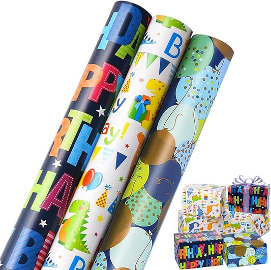 Viadom Birthday Wrapping Paper Roll - Mini Roll - 17 inch X 120 inch Per roll - Colorful Text Happy Birthday, Balloon, Dinosaur Patterns for Birthday, Holiday, Party, Baby Shower (42.3 sq.ft.ttl)