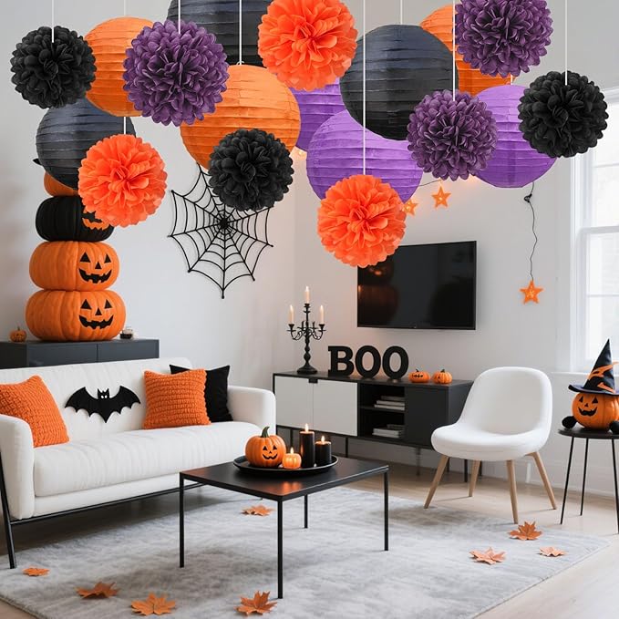 18 PCS Black Orange Purple Paper Lanterns & Tissue Paper Pom Poms for Halloween Birthday, Wedding, Hanging Paper Party Decoration Set for Indoor Outdoor Fall Celebration