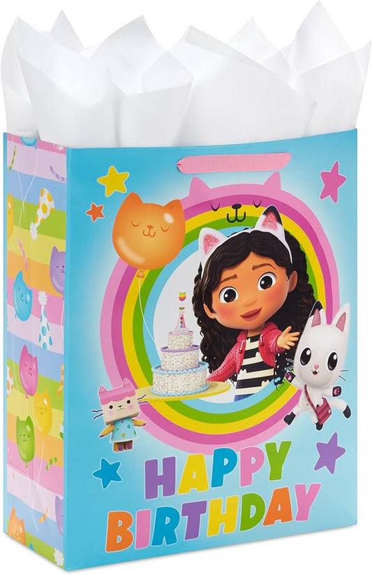 Hallmark Gabby's Dollhouse 15" Extra Large Birthday Gift Bag with Tissue Paper (Blue and Pink Rainbow) for Kids, Grandchildren, Friends