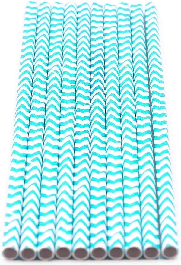 Pack of 300 Turquoise Chevron Biodegradable 4-Ply Paper Drinking Straws (Compostable, Non-toxic, BPA-free)