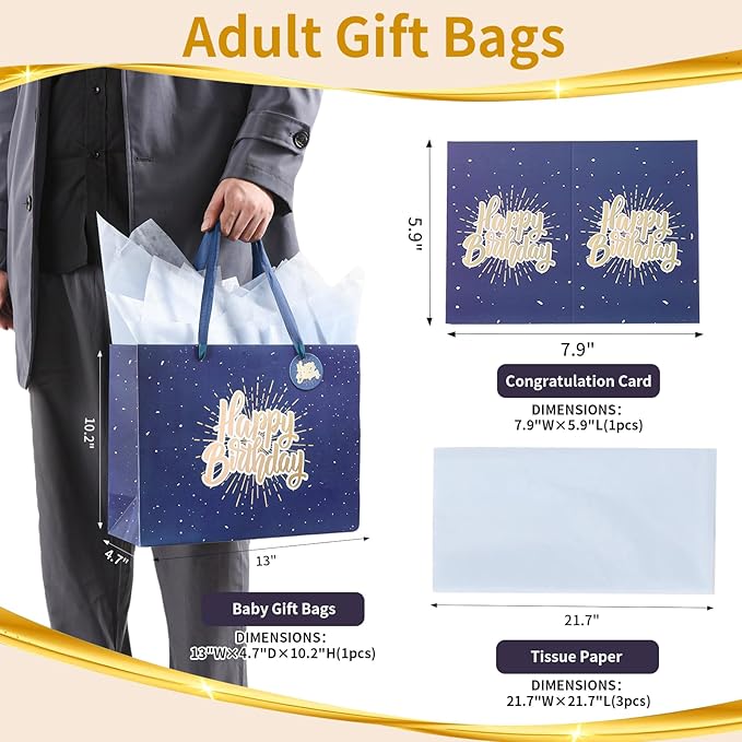 Powbrace 13" Blue Happy Birthday Gift Bag with Tissue Paper and Greeting Card for Party,Happy Birthday Gift Bag for Men Women, Gift Bags Medium size(1 PCS Blue)