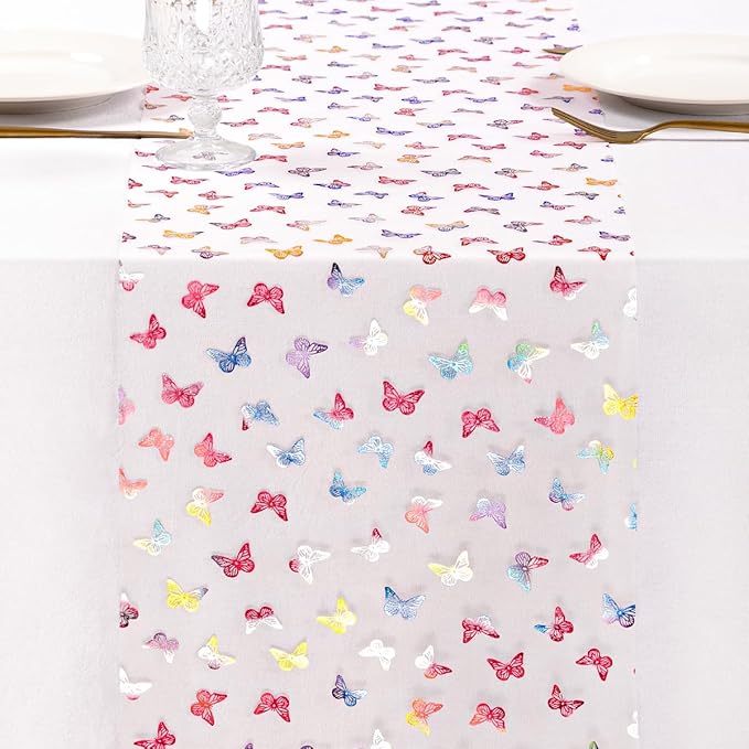 Socomi Butterfly Spring Table Runner Gauze Easter Seasonal Holiday Dining Table Decoration for Indoor Outdoor Home Party Decor 108 inch 1pc