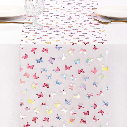 Socomi Butterfly Spring Table Runner Gauze Easter Seasonal Holiday Dining Table Decoration for Indoor Outdoor Home Party Decor 108 inch 1pc
