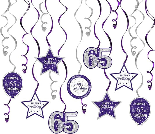 Happy 65th Birthday Purple & Silver Glitter Swirls Streamers Party Decorations - 15 Pcs 65th Birthday Hanging Swirls Streamers Kit,Perfect for 65th Bday Party Sign.
