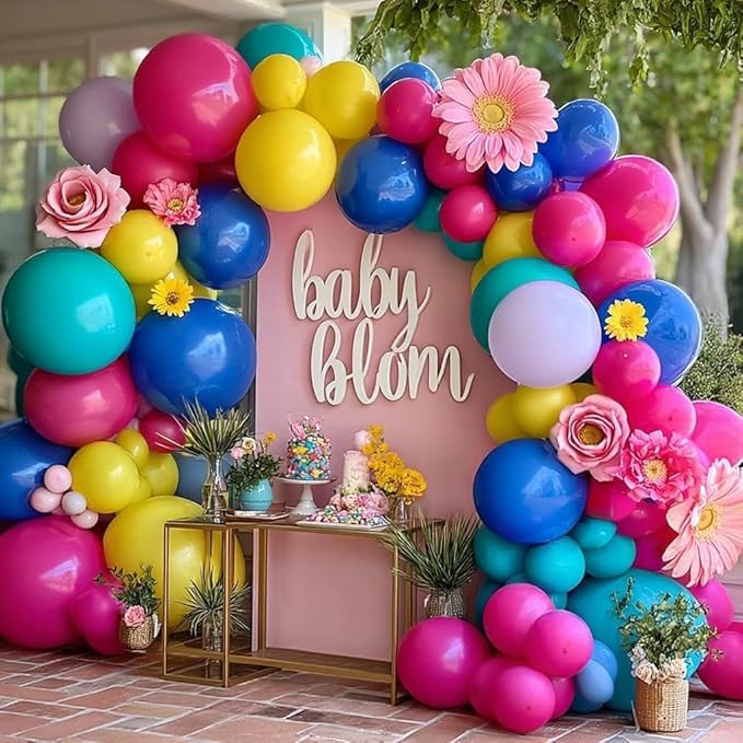 Hot Pink Blue Yellow Balloon Garland, Double Stuffed Royal Blue Teal Lavender Balloons Pastel Balloon Arch Kit for Tropical Hawaii Kid Magic Baby Shower Birthday Engagement Party Decorations