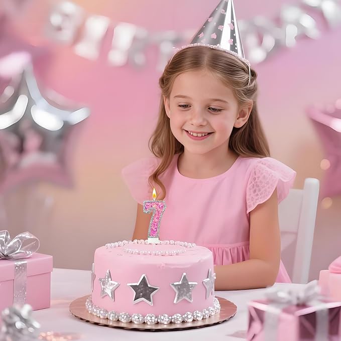 Number 7 Birthday Candle for Cake – Silver Glitter Edge with Pink Star Confetti – Decorative Number Cake Topper for Anniversary & Celebration Party Decor
