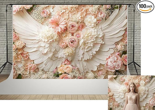 Kate 7x5ft Vintage Pink Floral Angel Wings Photography Backdrops Romantic Flower Wall Photo Background Bohemian Baby Shower Elegant Birthday Party Studio Props
