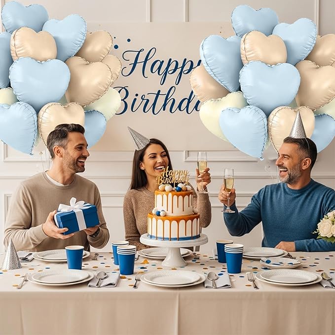 TONIFUL 30Pcs 18 Inch Light Blue Cream White Caramel Balloons Heart Shape Foil Mylar Banners Decoration for Birthday Valentine's Day Wedding Bridal Shower Anniversary Engagement Party Supplies