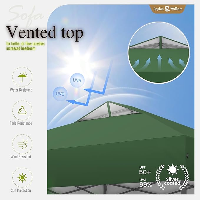 Sophia & William Canopy Tent Pop Up 10x10 ft, One Person Push Set Up Tent, Outdoor Canopies Shelter Heavy Duty Straight Legs with 4 Sandbags & Guy Ropes, 1 Roller Bag & Storage Bag, 8 Stakes, UPF50+