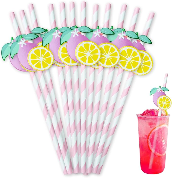 Lemonade Stand Paper Straws - 100PCS Fresh Lemonade Party Decorations Supplies, Lemon Bar Cocktail Striped Straw for Drinks, Birthday Decor for Summer Disposable (Pink)