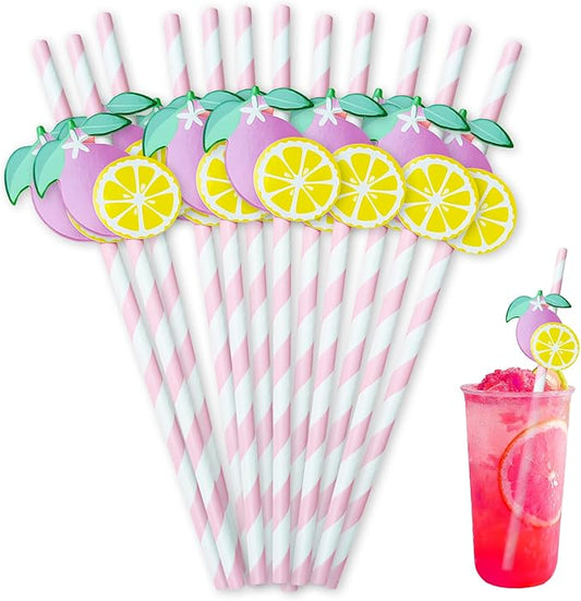 Lemonade Stand Paper Straws - 100PCS Fresh Lemonade Party Decorations Supplies, Lemon Bar Cocktail Striped Straw for Drinks, Birthday Decor for Summer Disposable (Pink)