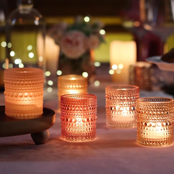 WDHODEC Pink Votive Candle Holders Set of 12 - Vintage Hobnail Glass Tealight Holders for Wedding, Valentine's, Party Table Centerpiece Decor