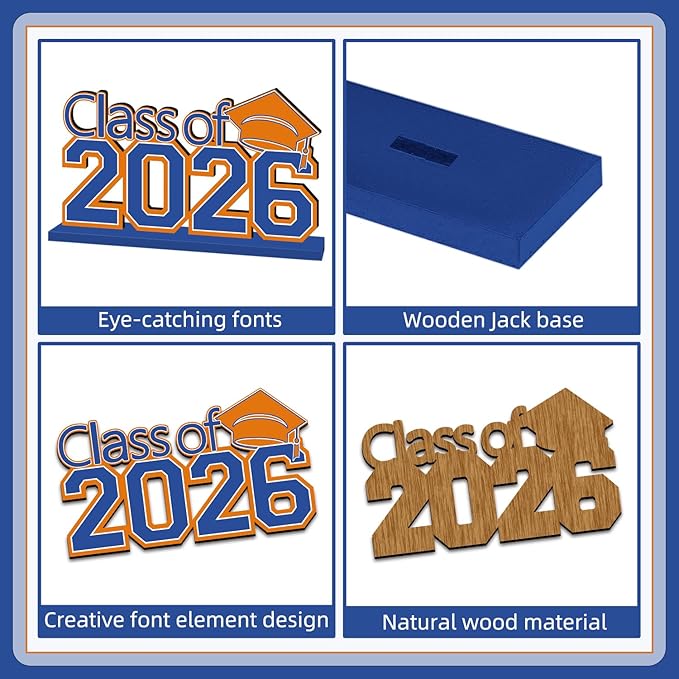 4Pcs Oranger and Blue Graduation Decorations Class of 2026 Congrats Grad Wooden Table Centerpieces Graduation Centerpieces for High School College Grad Table Decorations