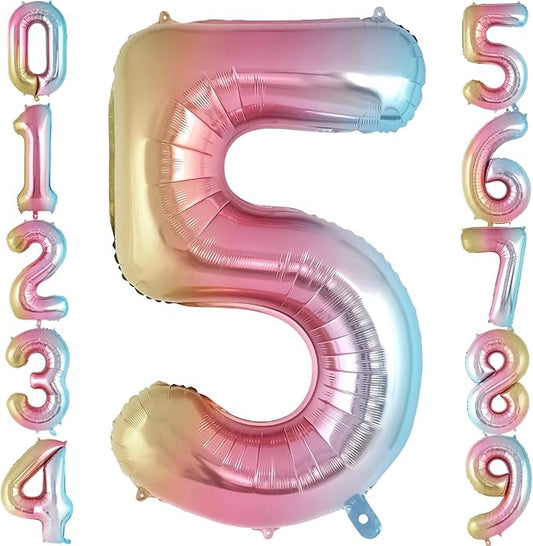 Rainbow Gradient Number 5 Balloon, 40 Inch Big Large Foil Number Balloons, Jumbo Mylar Number 5 Balloons for 5 Year Old Birthday Party Decorations Supplies Anniversary Celebration